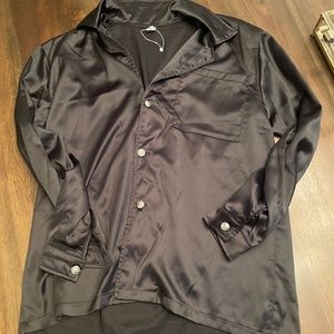 NEW Baofengyu -heavy black silk long sleeve button up